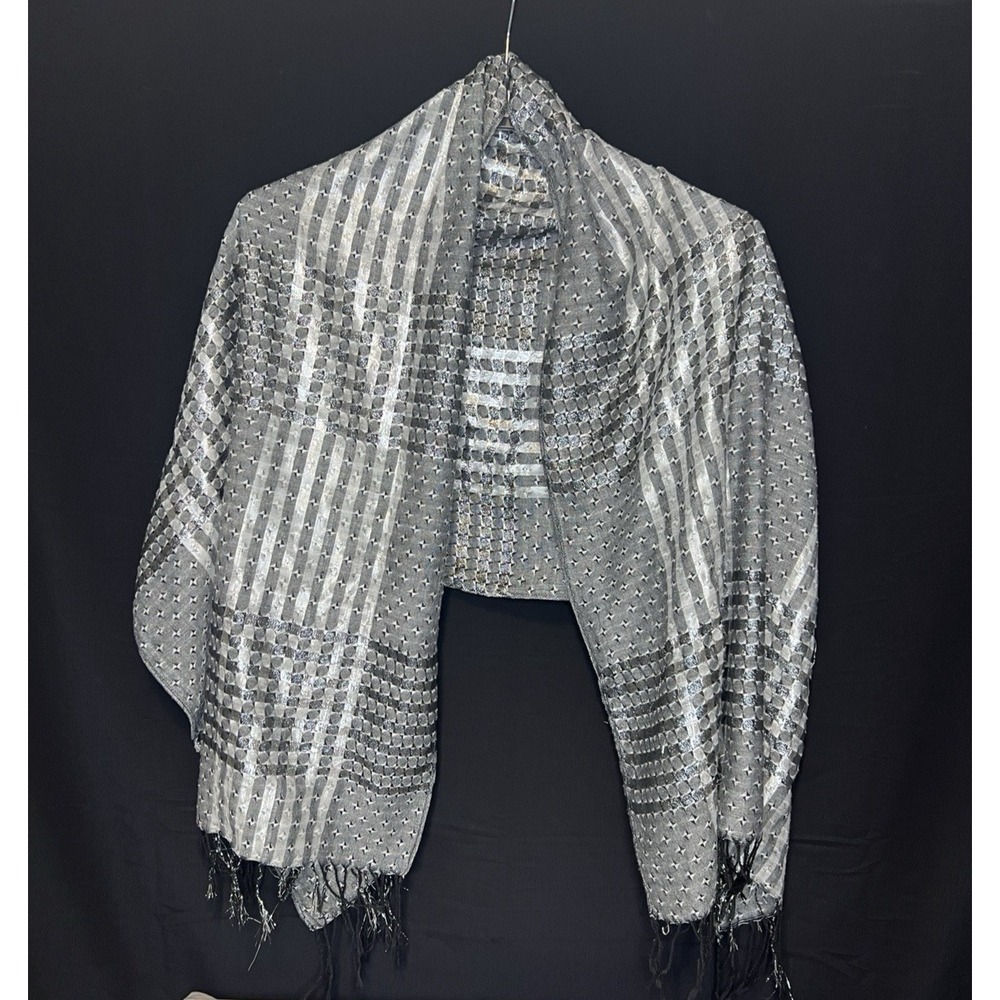 Metallic Silver & Black Shimmery Scarf / Shawl / Wrap w/ fringe - 70 x 25